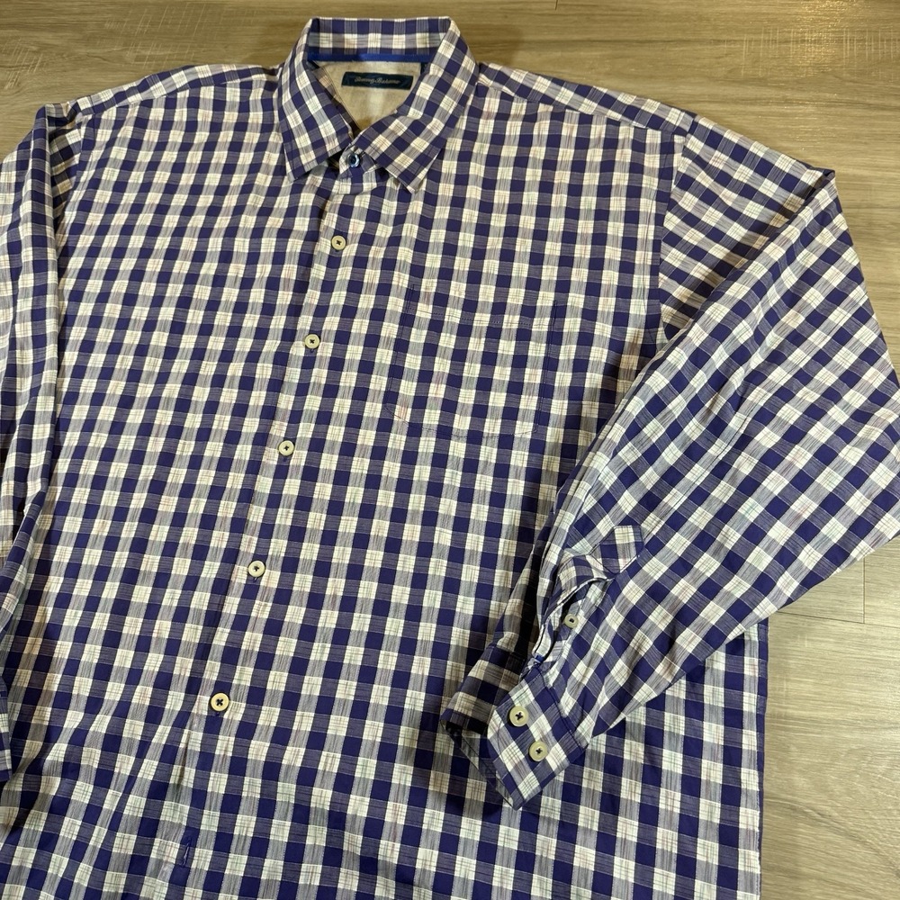 Tommy Bahama Shirt Men 2XL Purple Plaid Colorful LongSleeve Button Up Silk Blend